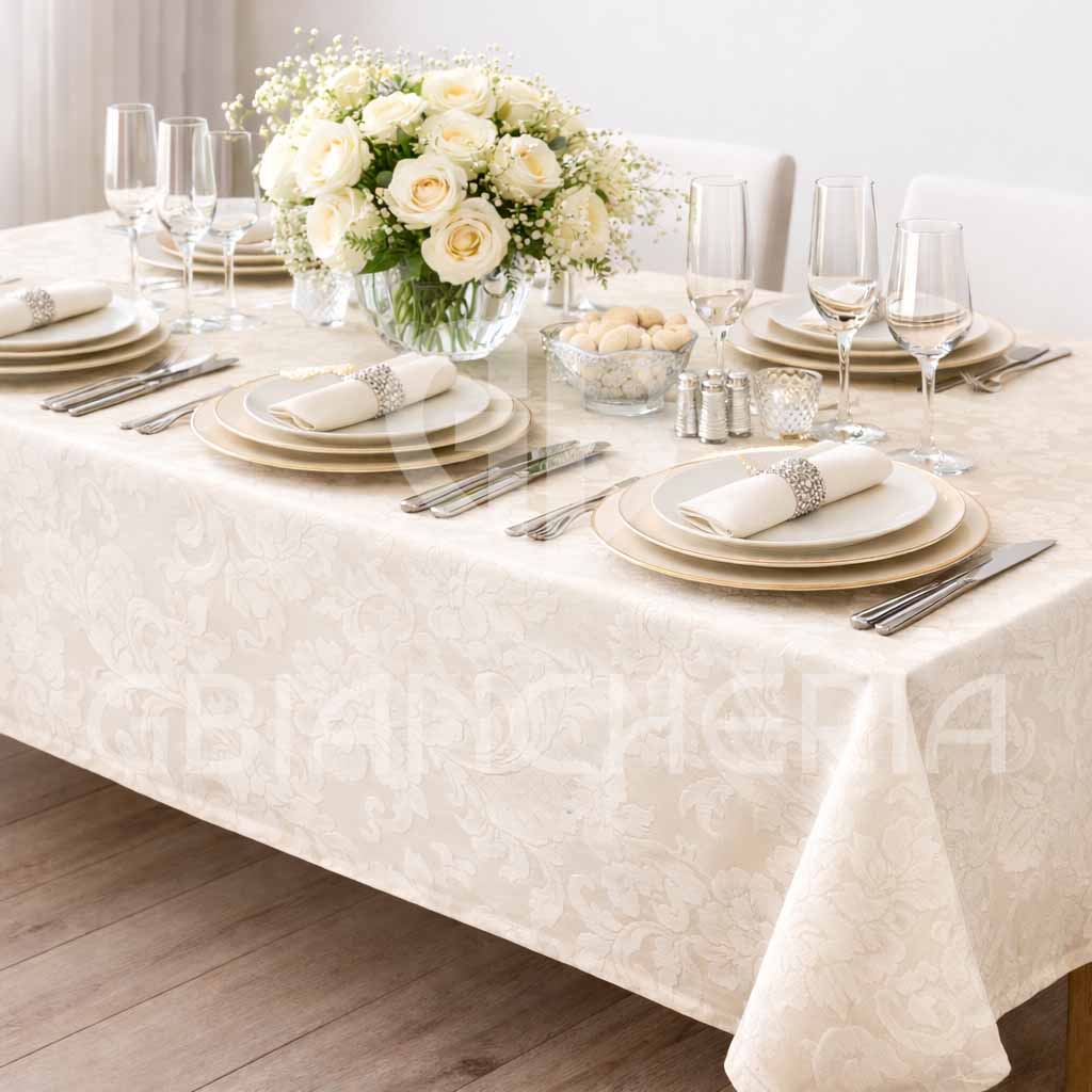 TOVAGLIA ELEGANTE IN FIANDRA DI COTONE DAMASCATA MADE IN ITALY AVORIO